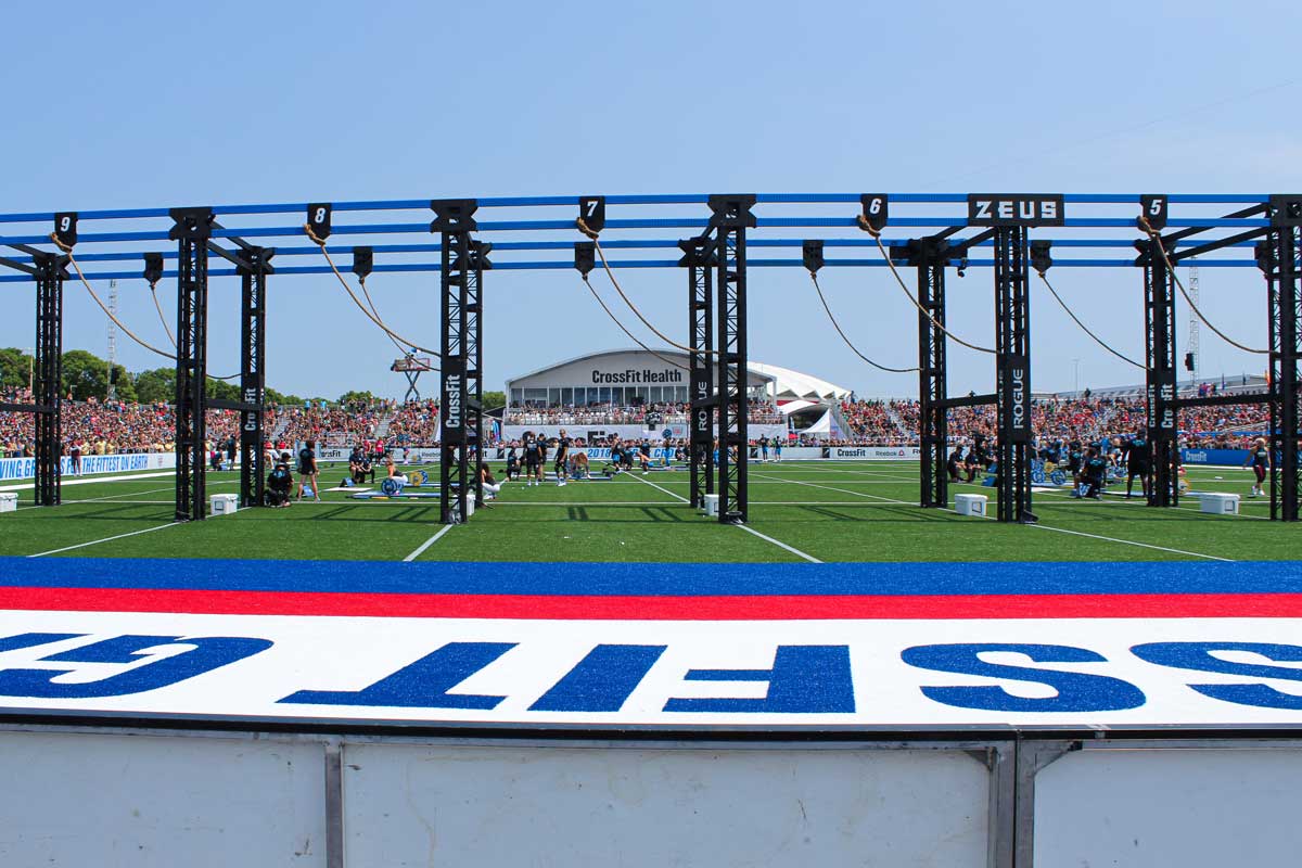 Football field adapted with hardware for Cross Fit Games.