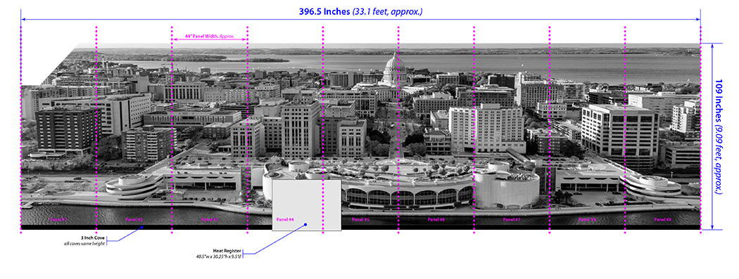 A drawing mockup for a cityscape wall mural.