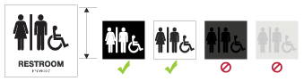 4 examples, displayed horizontally, of how to properly display ADA pictographs on signage.