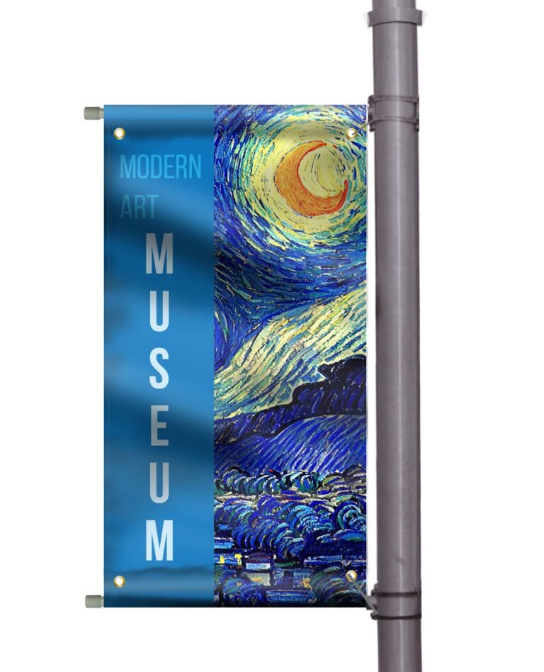 Outdoor pole banner promoting a modern art museum, featuring blue text and a reproduction of Van Gogh’s "The Starry Night" mounted on a street pole.