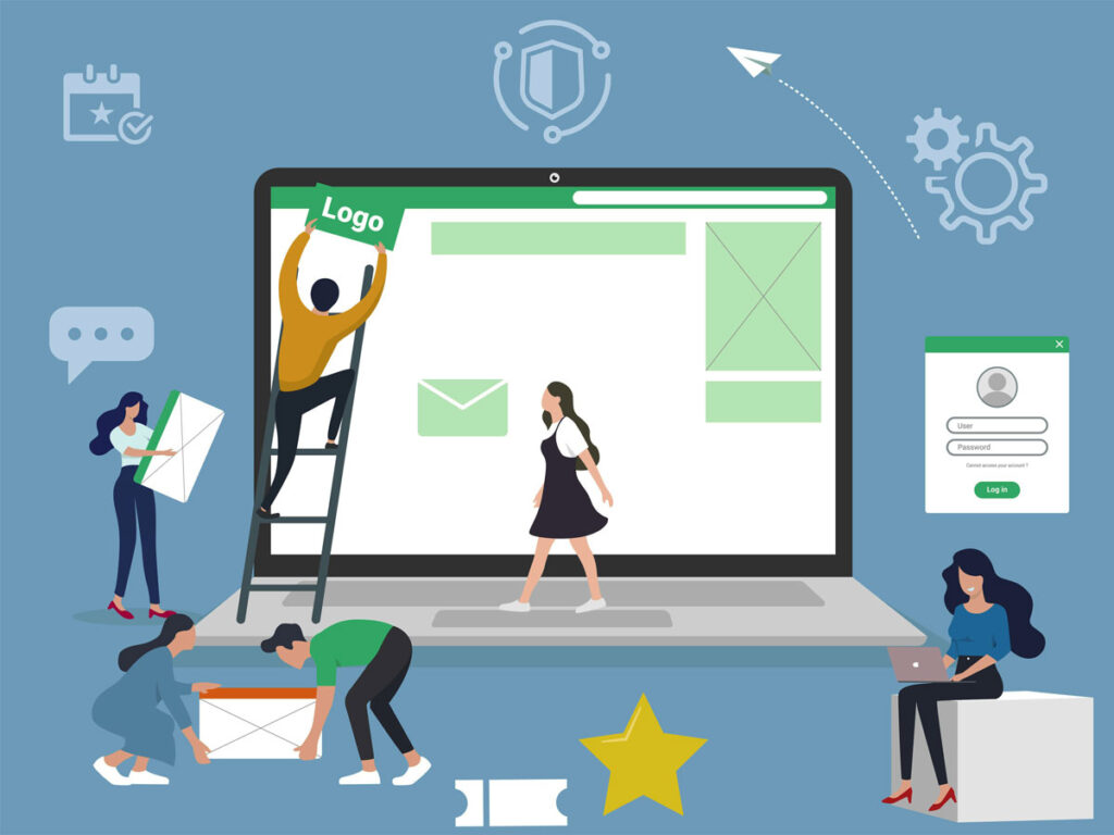Private Web Hosting 1 Web Hosting illustration of a team collaborating to build a website interface on a large laptop screen, with icons representing login, security, tools, and email.