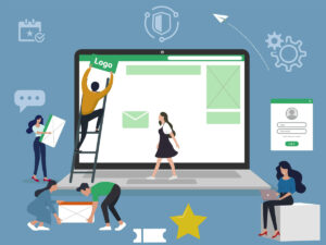 Web Hosting illustration of a team collaborating to build a website interface on a large laptop screen, with icons representing login, security, tools, and email.