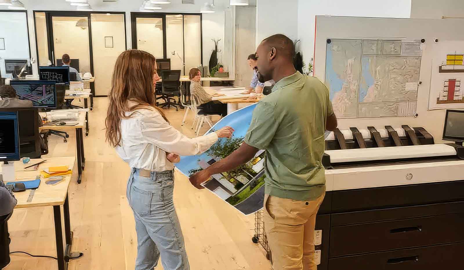 Printing Solutions image showing two professionals in an office reviewing a large-format architectural print fresh off a wide-format printer.