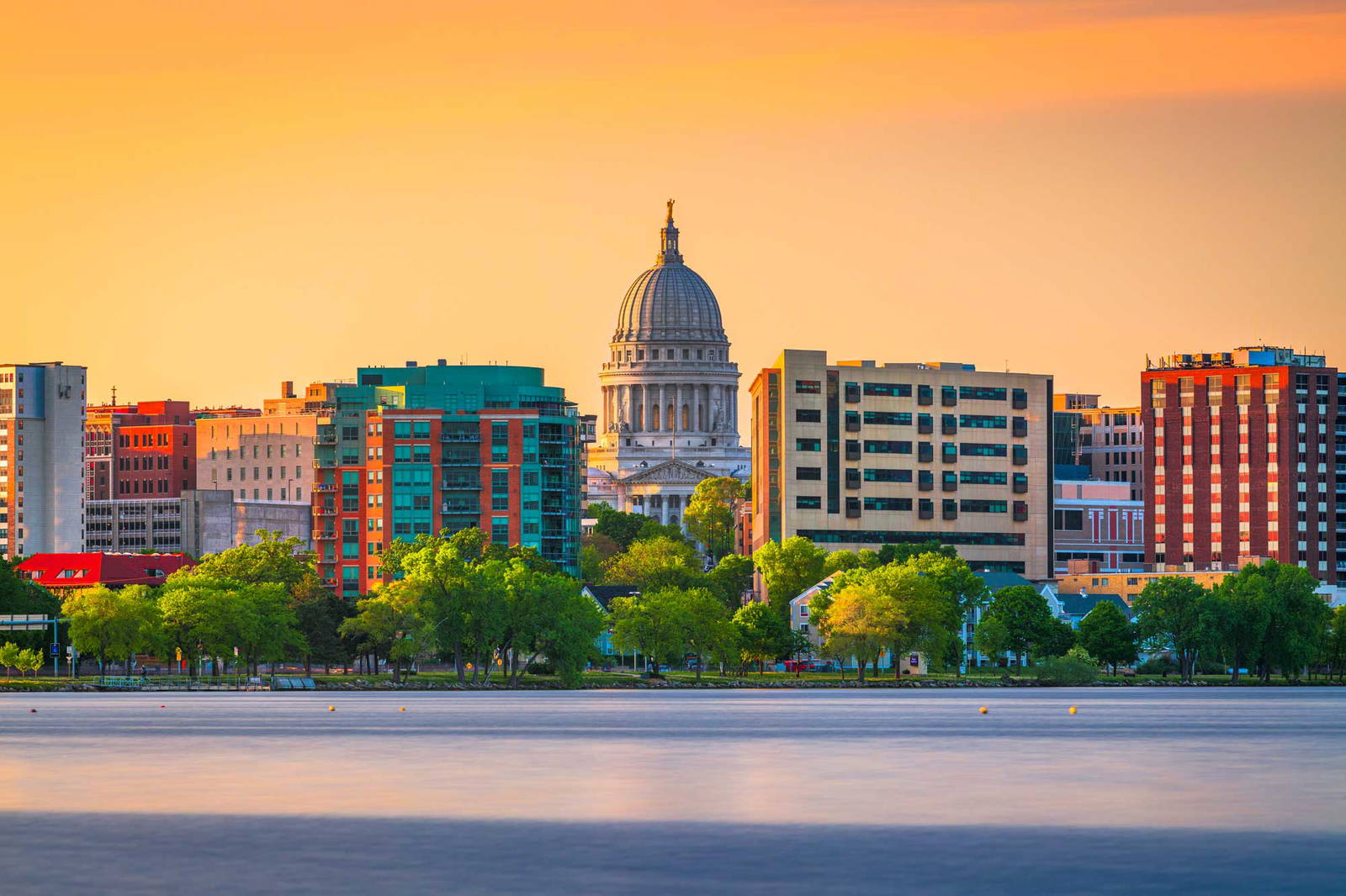 Sunset skyline view of Madison, WI and the capital building.