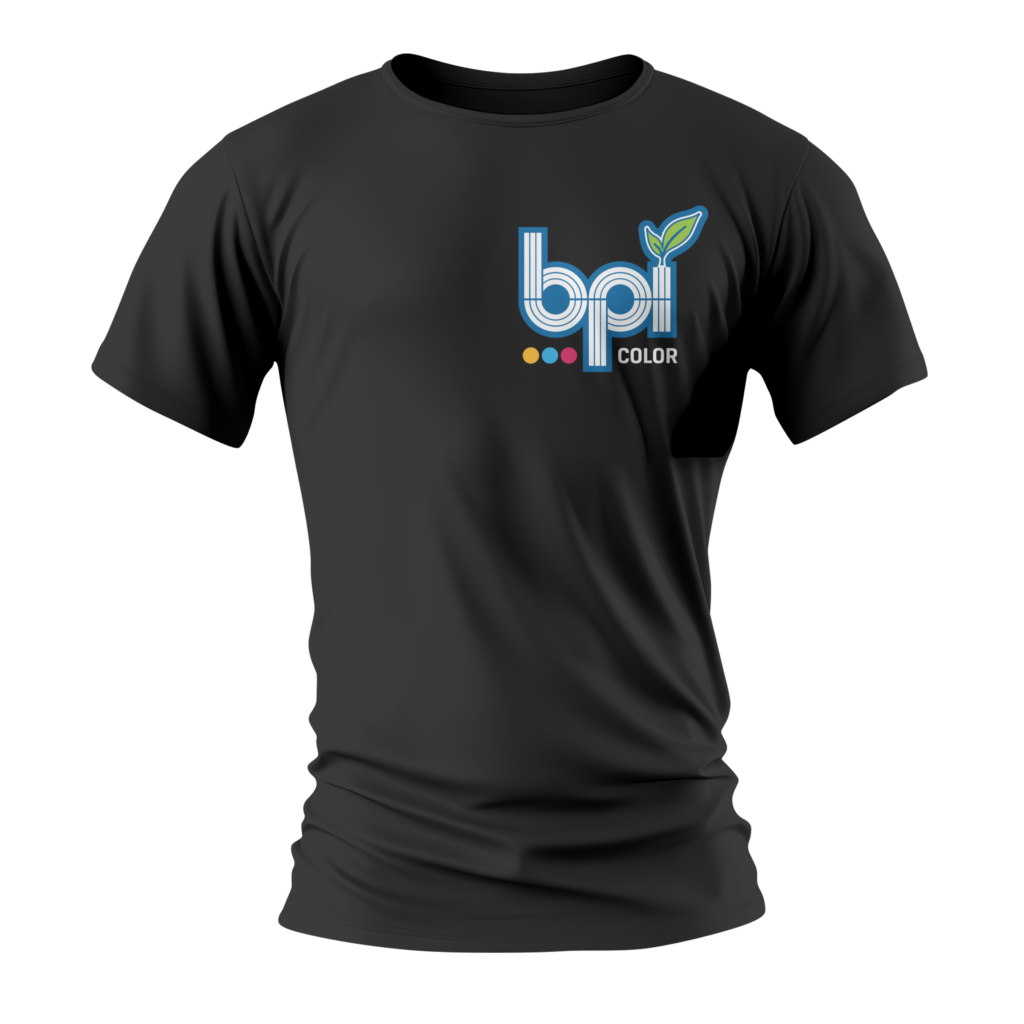 Business Printing 2 Promotional Products black t-shirt featuring the BPI Color logo in full color, designed for branded apparel and corporate identity promotion.