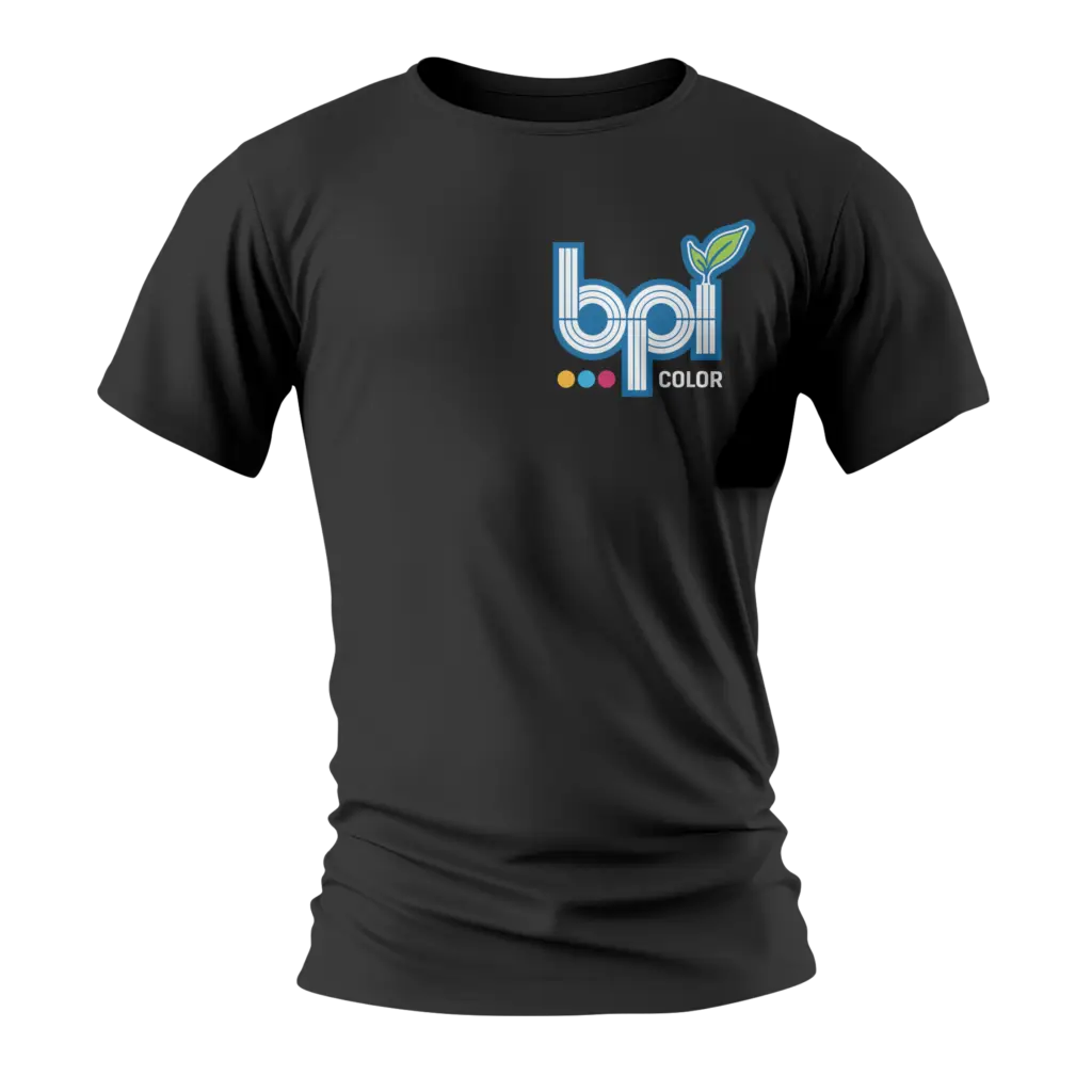 Promotional Products black t-shirt featuring the BPI Color logo in full color, designed for branded apparel and corporate identity promotion.