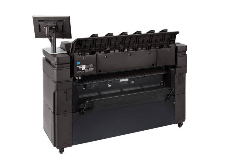 HP DesignJet XL 3600 rear facing view showing output bin and open rear panel.