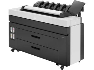 HP DesignJet XL 3800 left facing view of a printer displaying touchscreen, print output, and ink cartridge access for large-format projects.