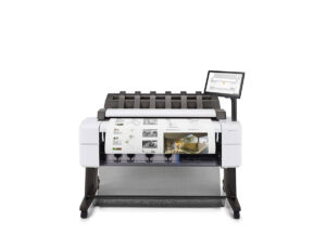 HP DesignJet T2600 front view printing full-color architectural plans with integrated touchscreen and stacking tray.