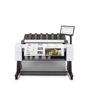 HP DesignJet T2600 front view printing full-color architectural plans with integrated touchscreen and stacking tray.