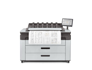 HP® DesignJet® XL 3600 Printer with front panel touchscreen and architectural plans printing, designed for speed and security in technical environments.