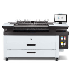 HP PageWide XL 3920 front-facing printer with touchscreen display and visible ink cartridges.
