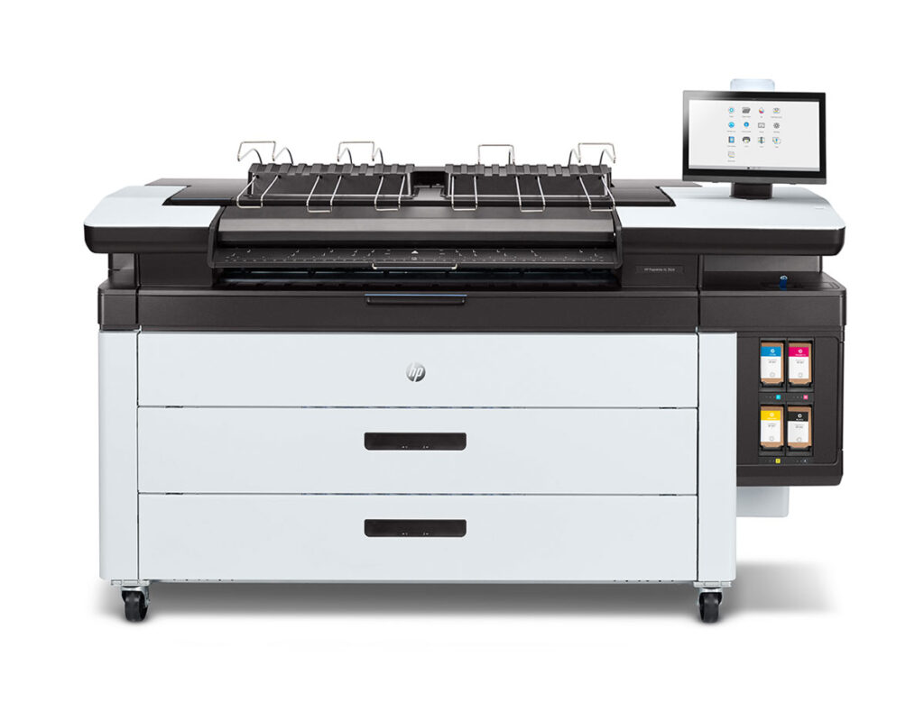 HP PageWide XL 3920 front view displaying dual drawer configuration, touchscreen interface, and full-color ink cartridges for high-speed wide-format printing.
