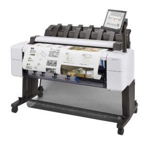HP DesignJet T2600 left facing view showing dual-roll printer with printed renderings exiting onto integrated stacker.