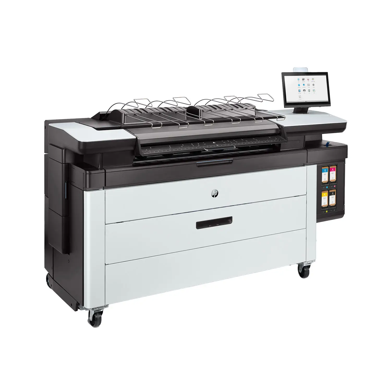 HP® PageWide® XL 3920 MFP 3 HP PageWide XL 3920 right facing view of a printer angled view with output tray and color ink cartridges.