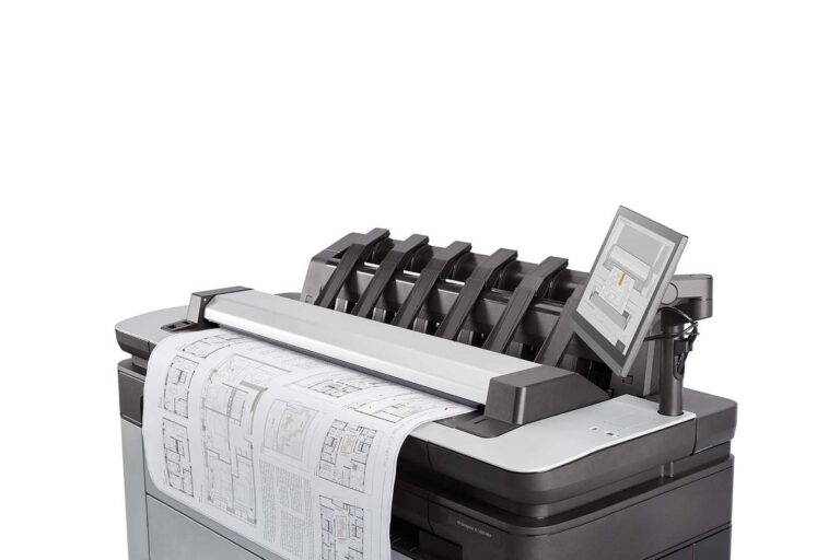 HP DesignJet XL 3600 top detailed view of a scanner with touchscreen display and architectural blueprint being processed through the output stacker.