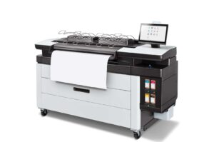 HP PageWide XL 3920 left facing view of a printer showing paper output and touchscreen interface.