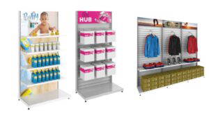 Three examples of retail displays that only hold product on one side and are best used against a wall.