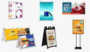 Six examples of retail signage options; hanging, metal and plastic A-Frames, and a display with a metal base.