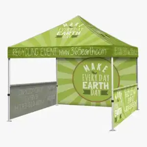 A green display tent with text "MAKE EVERYDAY EARTH DAY". 