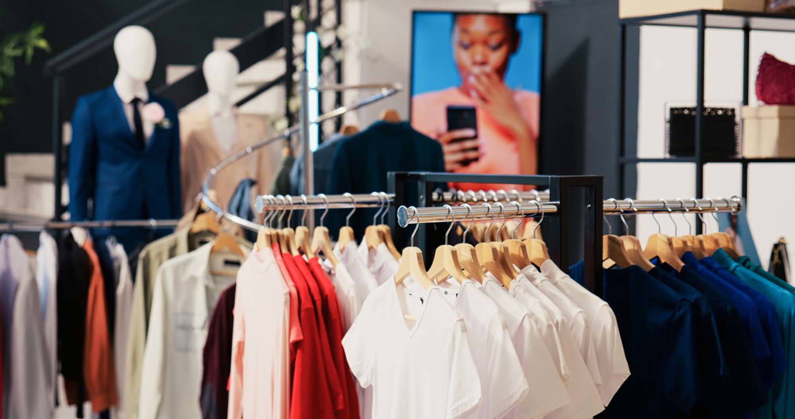 Large retail signage with clothing racks.
