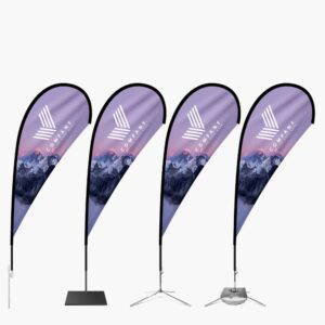 Four purple gradient flags with four different metal bases.