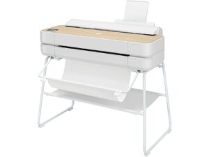 HP DesignJet Studio Printers left-facing view with architectural rendering print output and white minimalist stand.