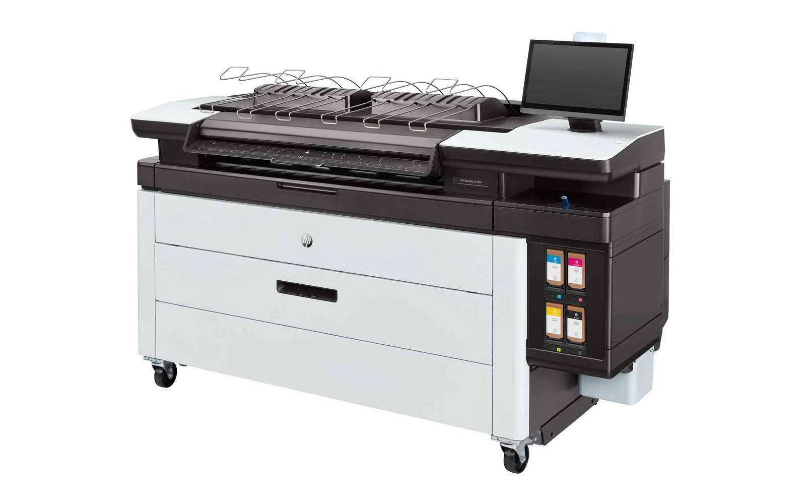 Large, industrial sized office printer with a monitor displayed on a white background.