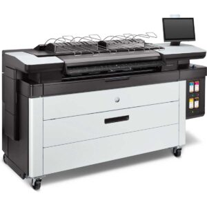 HP PageWide XL 3950 printer right-facing view featuring dual paper drawers, touchscreen interface, and integrated output stacker for large-format color printing.