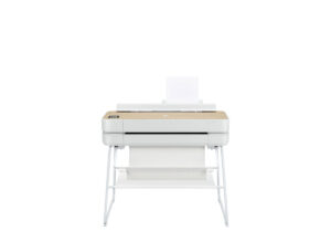 HP DesignJet Studio Printers front-facing view featuring clean white design, touch interface, and paper catch shelf.