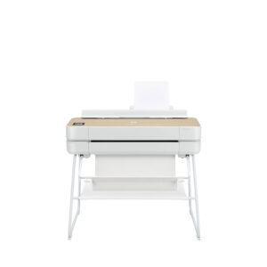 Lexmark CX963 Multifunction 9 HP DesignJet Studio Printers front-facing view featuring clean white design, touch interface, and paper catch shelf.