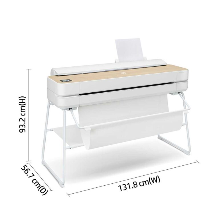 HP DesignJet Studio Printers angled view with labeled dimensions showing width, depth, and height on white stand with paper roll and A3/A4 sheet feeder.