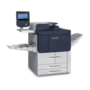 Home 130 Xerox® PrimeLink® B9110 front-facing view of a high-speed monochrome production printer with integrated touchscreen and advanced output trays.
