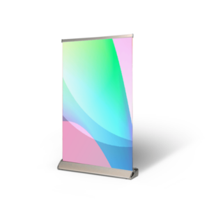 One small retractable banner stand displaying pink, green, and blue shapes on the example banner.