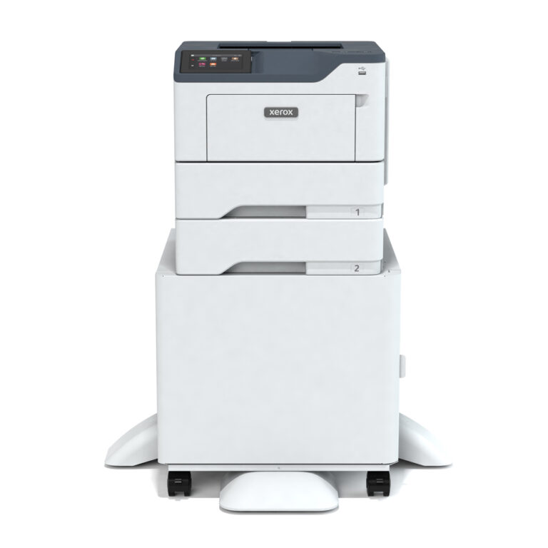 Xerox® B410 BW Printer on mobile stand with one additional paper tray, front-facing view showcasing compact and efficient design for high-volume black-and-white printing.