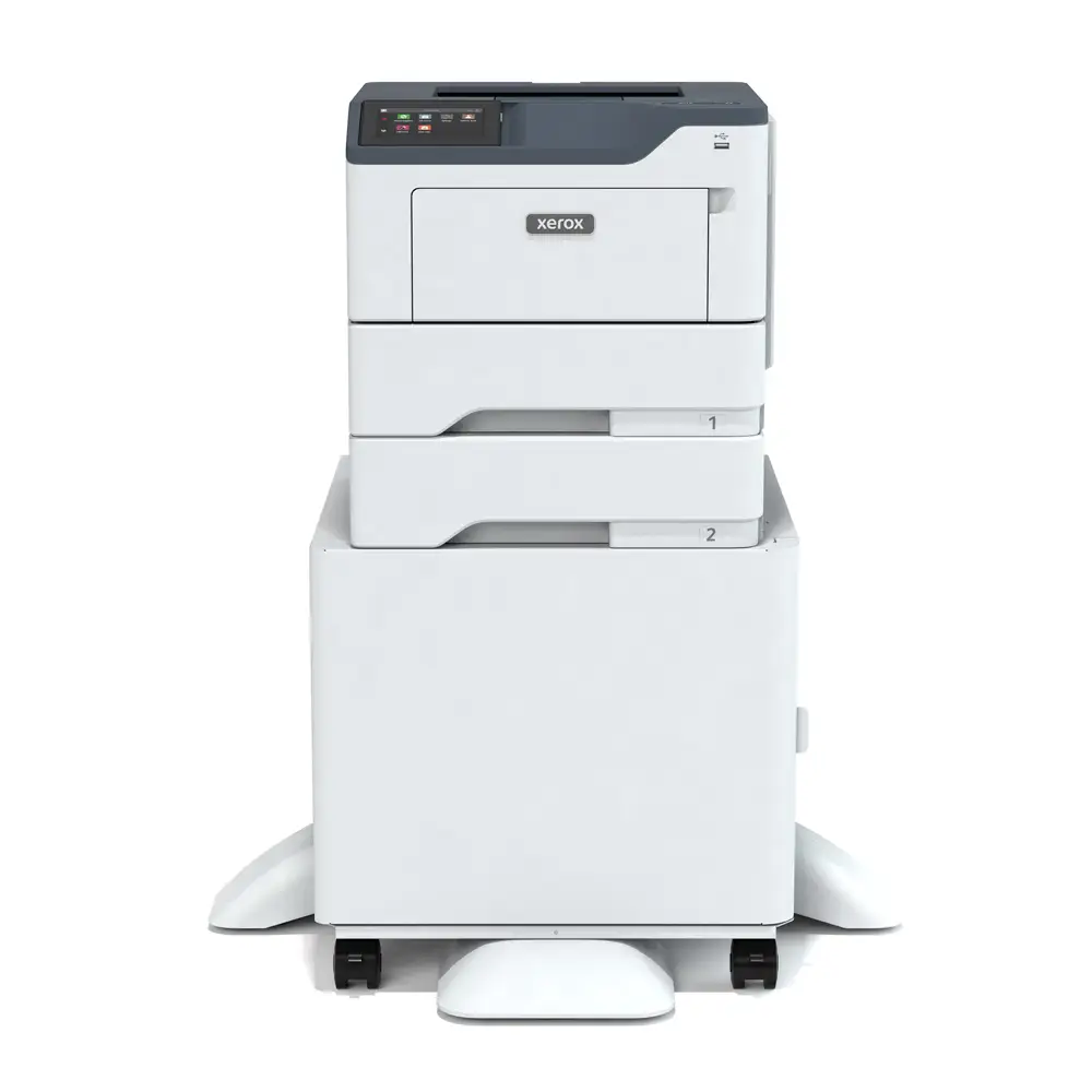 Xerox® B410 B&W Printer 6 Xerox® B410 BW Printer on mobile stand with one additional paper tray, front-facing view showcasing compact and efficient design for high-volume black-and-white printing.