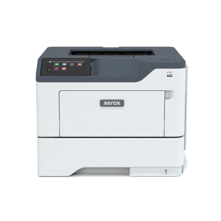 Xerox® B410 BW Printer front view highlighting compact desktop design with touchscreen control panel, ideal for fast, high-volume black-and-white printing.