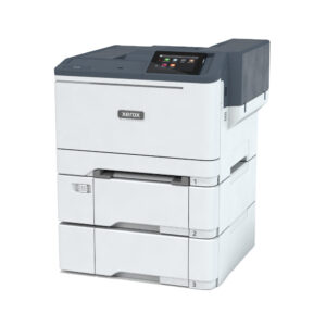 Home 133 Xerox® C410 Printer left facing view featuring compact design, stacked paper drawers, and integrated touchscreen display.