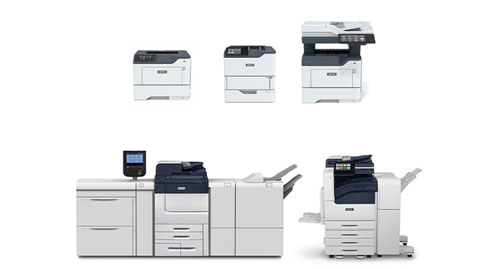 Xerox Printer Lineup collage featuring a range of printers from compact desktop models to high-capacity production machines with touchscreens and finishing options.