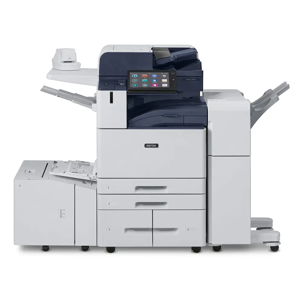 Xerox® AltaLink® C8200 Series Printer with front touchscreen panel and full paper tray setup in standard office configuration