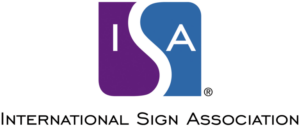 International Sign Association logo featuring the initials ISA in a stylized purple and blue design.