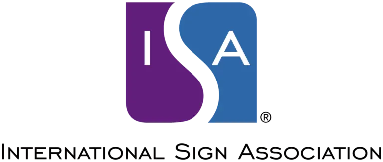 International Sign Association logo featuring the initials ISA in a stylized purple and blue design.