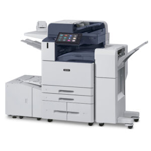 Home 139 Xerox® AltaLink® B8200 Series printer front view with touchscreen panel and full finishing configuration.
