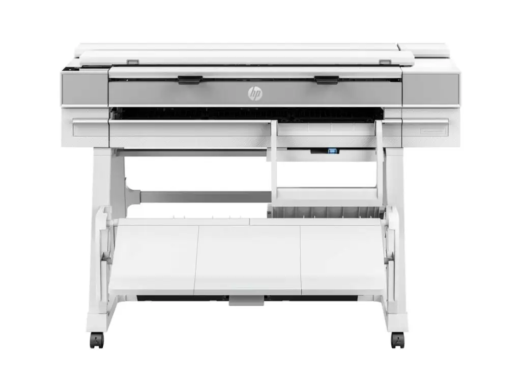 HP DesignJet XT950: Front-facing view of the HP DesignJet XT 950 wide-format printer, designed for precision and high-resolution prints in professional environments.