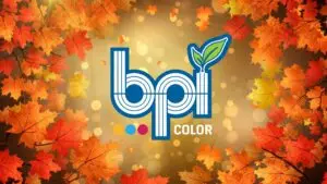 October 2024 Newsletter Banner featuring the BPI Color logo surrounded by vibrant autumn leaves and a warm golden background.