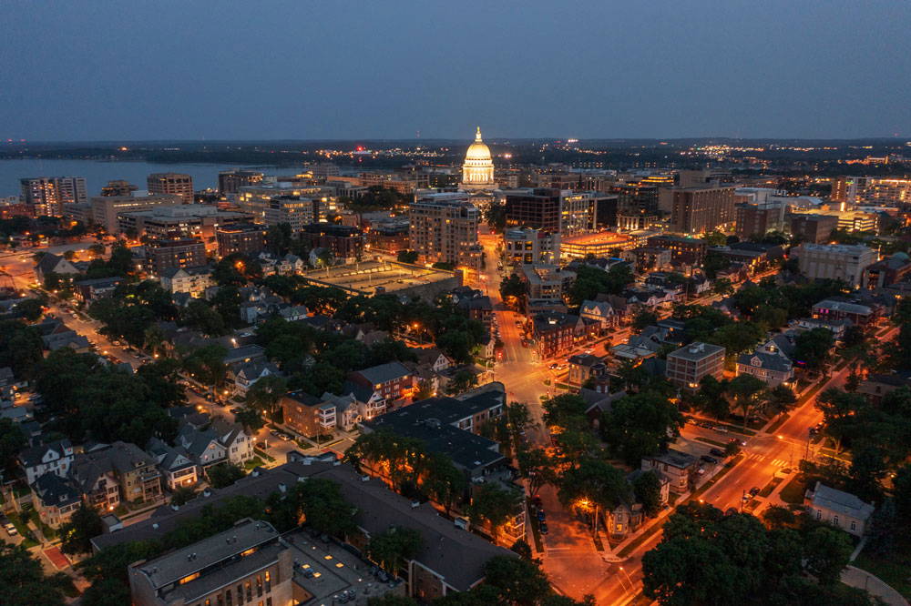 Ariel view of Madison, WI skyline at night.