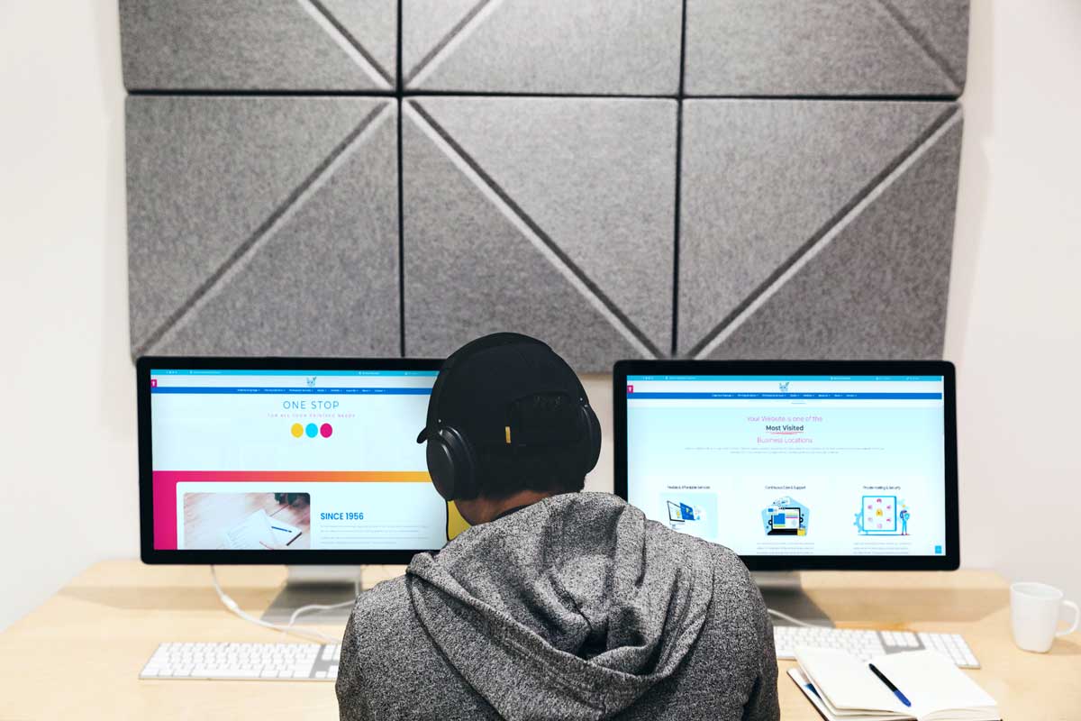 Person looking at two computer monitors.