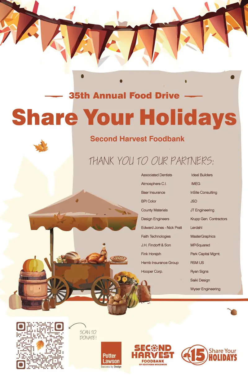Potter Lawson Holiday Flyer for the 35th Annual "Share Your Holidays" food drive, featuring festive fall graphics, partner thank-you list, and donation QR code.