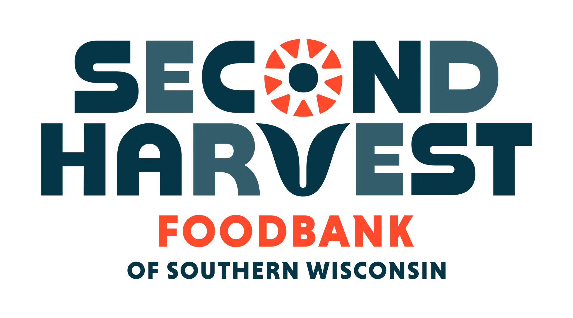 Second Harvest Foodbank Logo featuring bold text with a red sunburst icon and the words “Foodbank of Southern Wisconsin” beneath the main name.