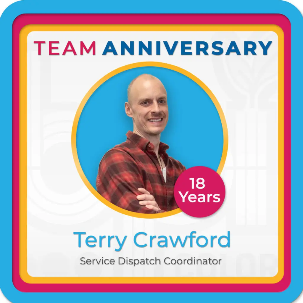 Employee Anniversary for Terry Crawford celebrating 18 years as Service Dispatch Coordinator at BPI Color, with a colorful team anniversary graphic.